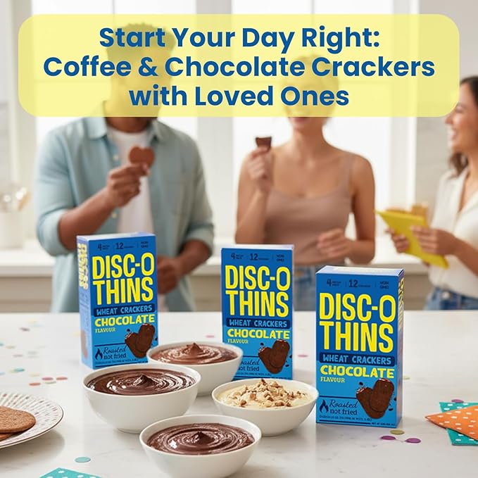 Disc-O Thins Whole Wheat Crackers - Crunchy Roasted Snack, High-Fiber & Low-Fat On-the-go Snack Chips, 72 pcs (Chocolate) - Healthy Family Travel Snack, Non-GMO - Great with Coffee, Tea or Fruit Dips