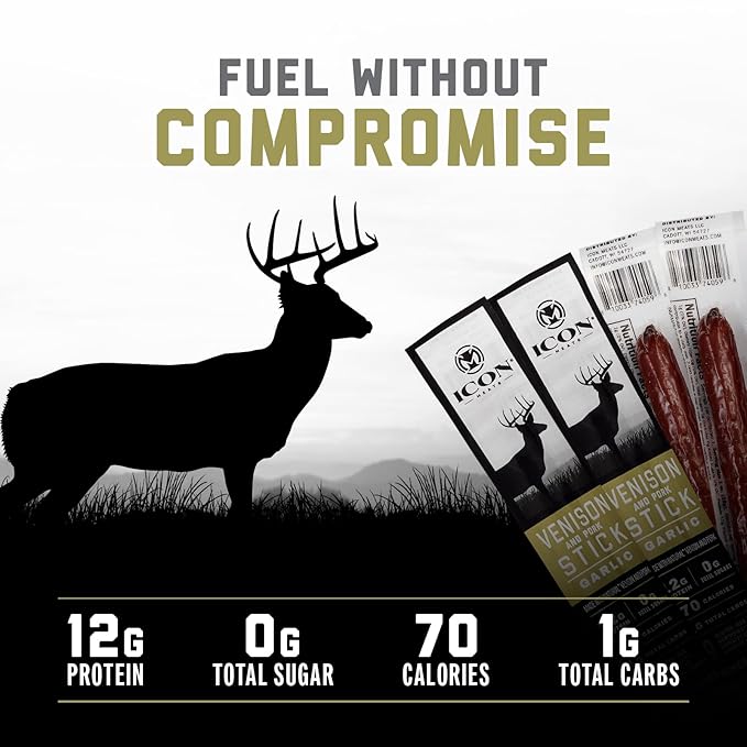 ICON Meats Venison and Pork Snack Sticks, Garlic Flavor, 24 Pack High Protein Snacks, Sugar Free, Natural Jerky Meat Sticks, Gluten Free, USDA Inspected, Made in the USA, Gifts & Stocking Stuffers