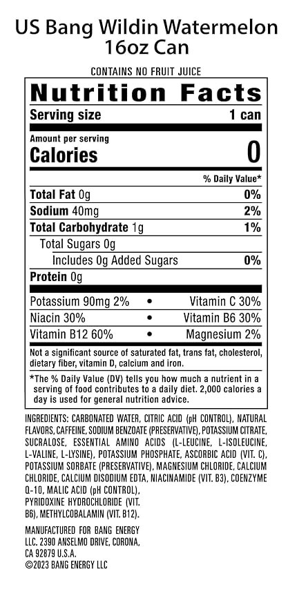 Bang Energy Wyldin' Watermelon, Sugar-Free Energy Drink, 16-Ounce | Pack of 12