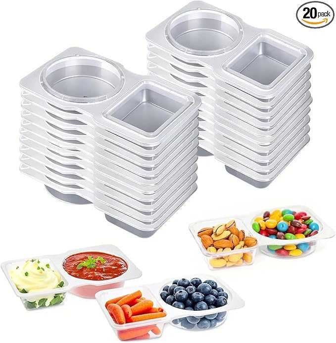 20pcs Reusable Snack Containers with Lids,2025 New 2 Compartment Plastic Containers for Pack Snacks,Leakproof Double Compartment Condiment Pack for Meal Prep, Portion Control,On-the-Go School Travel