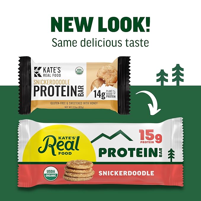 Kate’s Real Food Organic Protein Bars – (Snickerdoodle, 2.2 oz, Pack of 12) – Plant Based Protein Bars - Gluten Free, Soy Free, Non GMO, Whole Grains, and All Natural