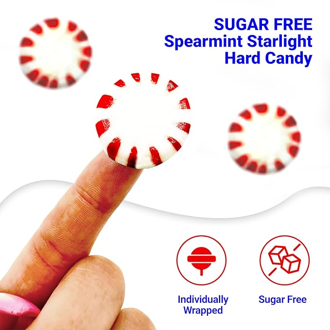 Sugar Free Peppermint Starlight Candy - 1 Pound Bulk Bag (Approx 90 Count) - Individually Wrapped - Valentines Day & Christmas Peppermint Mints- Keto & Diabetic Friendly Sugarless Hard Candy