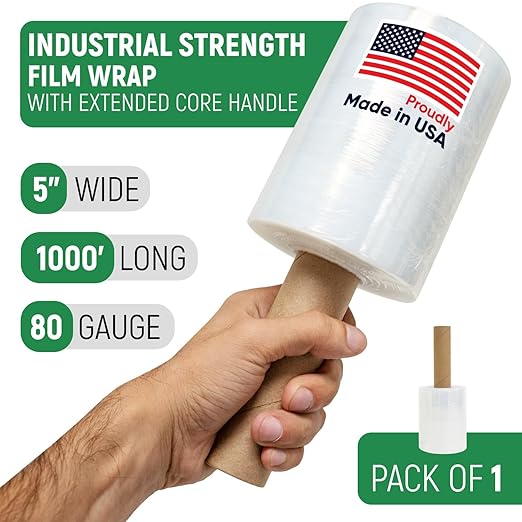 Paclord 5" x 1000' Industrial Strength Clear Stretch Wrap with Extended Core Handle, Ready to Use Pack of 1 Stretch Film Mini Roll, 80 Gauge Thick, 500% Elongation - Shrink Wrap for Moving, Packing