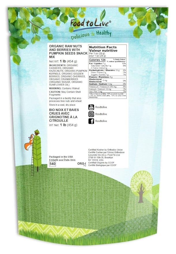 Food to Live - Organic Snack Mix, 1 Pound - Raw Nuts and Berries with Pumpkin Seeds, Non-GMO, Non-Irradiated, Kosher, Vegan Superfood, Bulk, Great Trail Mix, Rich in Natural Antioxidants