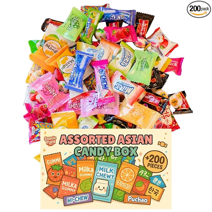 Japanese and Korean Candy Variety Gift Box - Korean, Japanese, Chinese, Taiwanese, and Vietnamese Snacks, 2.1 lb bulk, 200 individually wrapped gummies, taffy, chews, and hard candies
