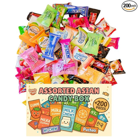 Japanese and Korean Candy Variety Gift Box - Korean, Japanese, Chinese, Taiwanese, and Vietnamese Snacks, 2.1 lb bulk, 200 individually wrapped gummies, taffy, chews, and hard candies
