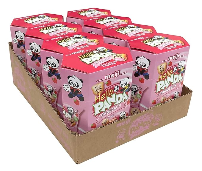 Meiji Hello Panda Cookies, Strawberry Crème Filled - 6 oz, Pack of 8, 64 Bags Total - Bite Sized Cookies with Fun Panda Sports