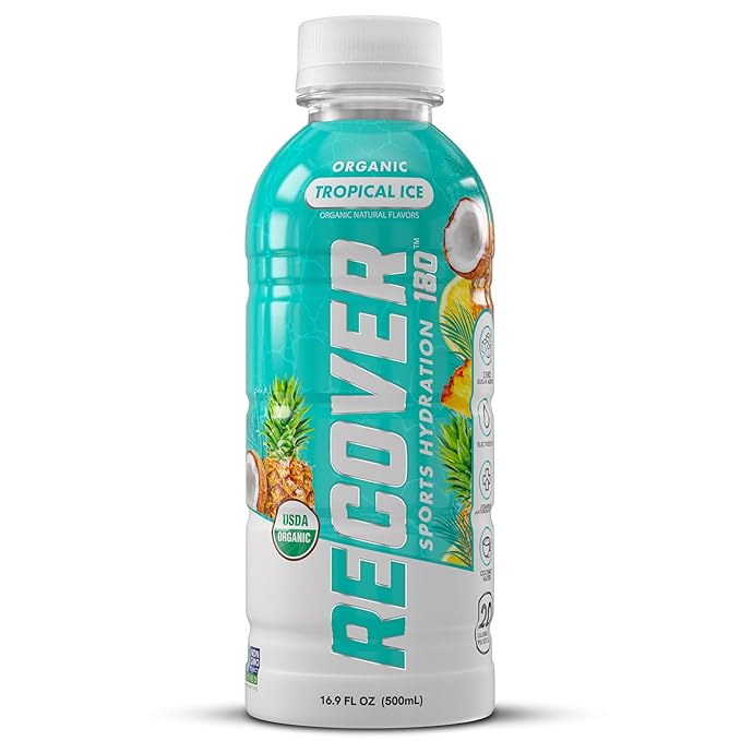 RECOVER 180 Organic Sports Hydration Drink, No Sugar Added, 20 Calorie Sports Beverage, Organic Flavors With Vitamins, Potassium-Packed Electrolytes (16.9 Fl Oz (Pack of 12), Tropical Ice)