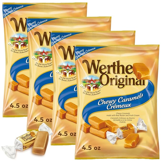 Chewy Original Candy, 4 Pack Each 4.5oz of Werthr'sCaramel Candy Individually Wrapped, Sweet Soft Caramels That’s Perfect for Family Gatherings and Everyday Treats, Creamy Carmels Candies Soft Enough for All Ages