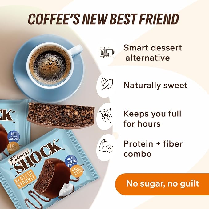 FitnesSHOCK Chocolate Brownie without Added Sugar, 15% Protein, satiating dietary fibre, Soft Texture, 10 Pieces, 50g - Coconut