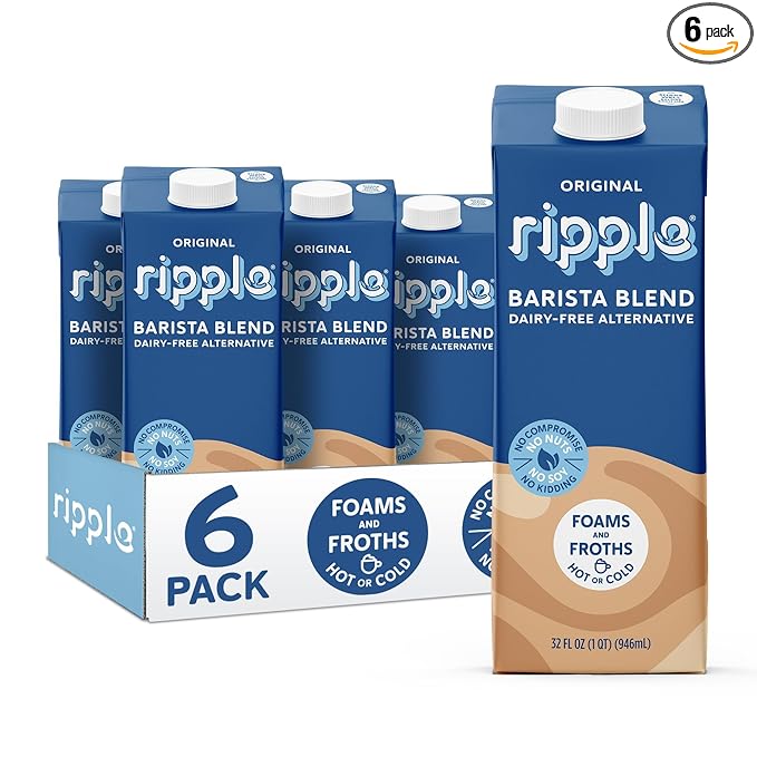 Ripple 32 oz Plant Based Milk 8g of Quality Sourced Pea Protein, Calcium Rich | Shelf Stable | Vegan & Non GMO Certified | Dairy, Soy, Nut, Gluten, & Lactose Free (Pack of 6) (32 Fl Oz (Pack of 6), Barista)