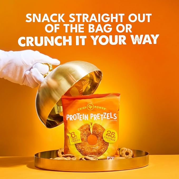 Crisp Power Protein Pretzels, NEW Cheddar, High Protein Snack, 25G Protein, Low Carb Crunchy Pretzel Snacks, No Added Sugar, 1.75 oz Bags, 24 Pack, Vegan, Plant-Based, Keto