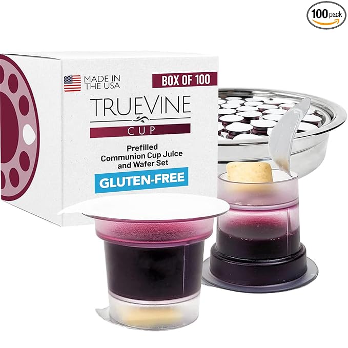 TrueVine Top & Bottom Communion Cups and Wafer Set - Prefilled Cups with Gluten Free Bread & Grape Juice - Carefully Packaged & Easy to Open, Ideal First Communion (100 Count)