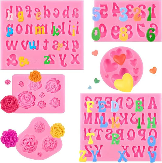 CLUEWR 6 PCS Silicone Letter Molds, Non-Stick Number Alphabet Heart Rose Flower Fondant Molds for Chocolate, Candy, Cake Decoration, Cupcake Topper