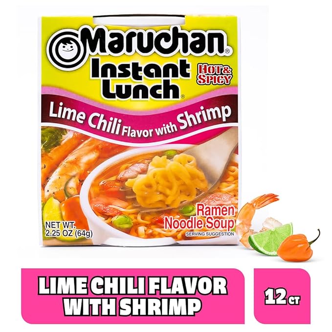 Maruchan Instant Lunch Ramen Noodles, Lime Chili with Shrimp – Japanese-Style Instant Noodle Soup, Quick & Easy Meal – 2.25 Oz Cup, Pack of 12