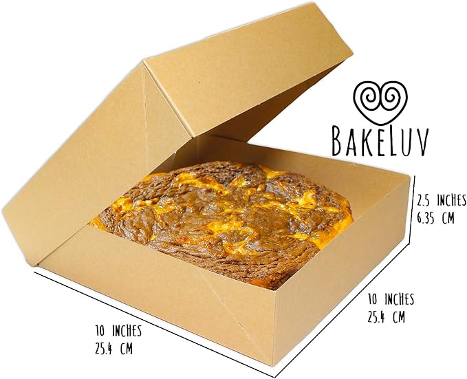 BAKELUV Pie Boxes 10x10x2.5 Inch | Brown / 12 pcs/Auto-Popup | Bakery/Pastry/Treats/Cookies/Cheesecake/Cake/Muffins/Donuts
