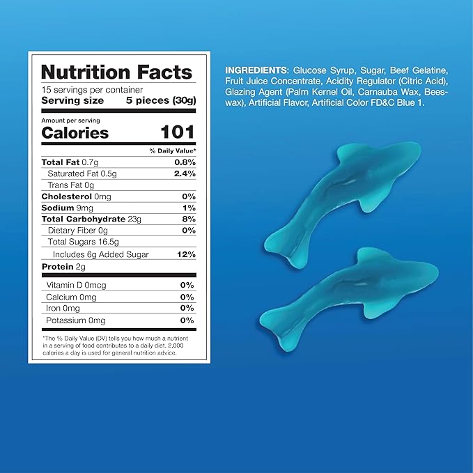Blue Sharks Gummy Candy | 1 Pound Bag | Gummy Fish in Blue Raspberry and Vanilla Flavors | Chewy Shark Candy for Parties, Goody Bags, and Themed Events