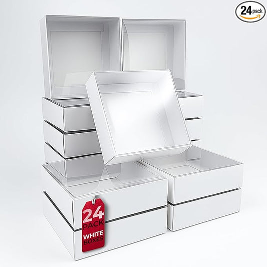 Diakarma Gift Boxes with Clear Cover, Bakery Treat Boxes for Small Cakes, Cookies, Desserts, Donuts, Pastries, Gifts, and Party Favors – Durable & Elegant (24 Pieces White Kraft, 4"x4"x1.2")