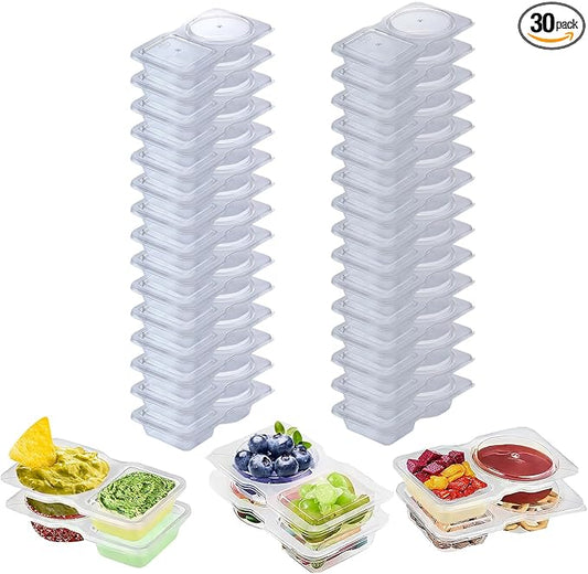 30 Sets Double Compartment Condiment Container With Lids, Reusable Snack Container for Sauces and Snacks, Disposable Snack Containers, Ideal for On-the-Go Meals and Parties (30Pack)