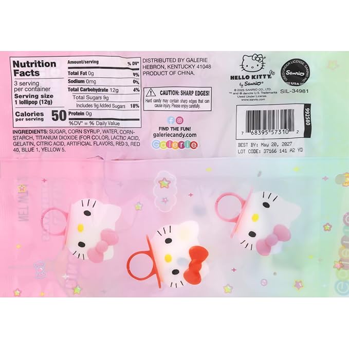 Hello Kitty Lollipop Rings, Strawberry and Fruit Punch Flavored Suckers, Themed Party Favors, 3 Count Bag, 1.27 Ounces (3 Pack)