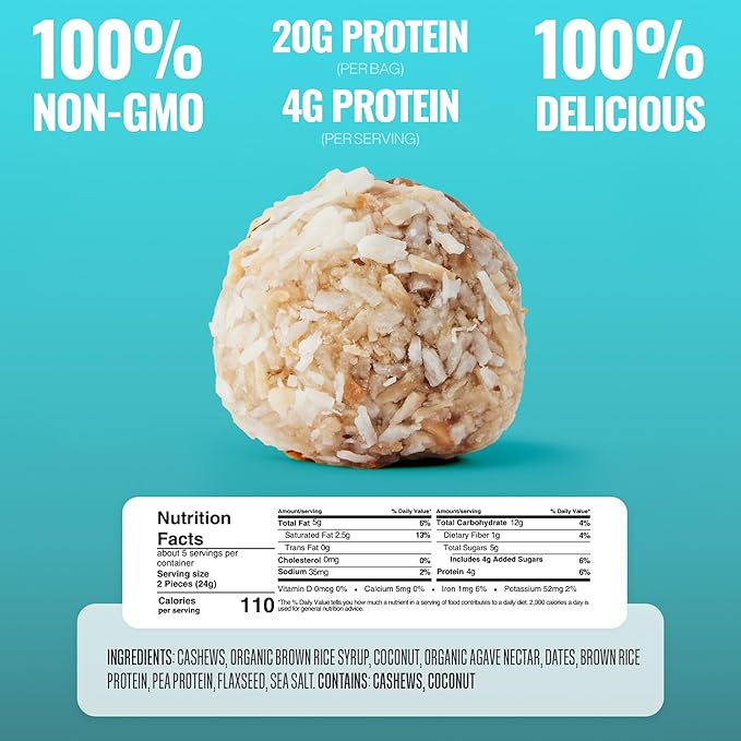 The GFB Coconut Cashew Protein Bites - Gluten Free, Plant Based, Non GMO, Sustainably Made – Ridiculously Tasty, Healthy, Vegan, Protein Energy Balls, 4 oz (4 Count)