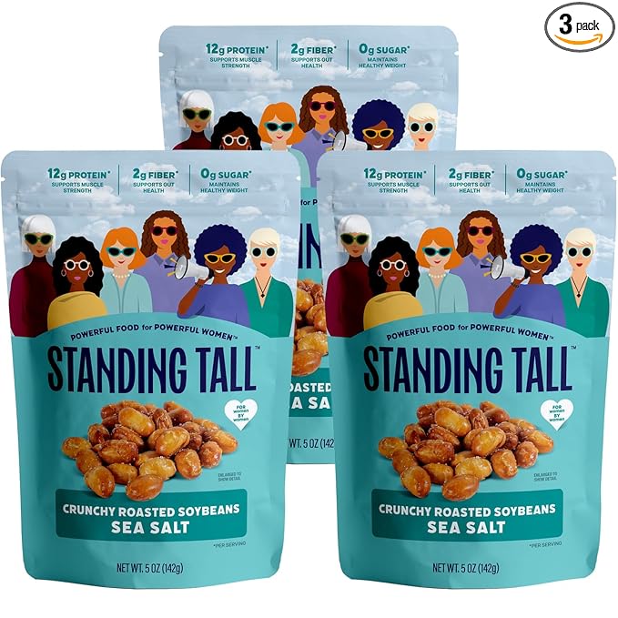 Standing Tall Roasted Soybean Snack, Sea Salt Flavor – Crunchy High-Protein Soybeans, 12g protein, 2g fiber, 0g sugar, Plant-Based Vegan Snack, Gluten-Free, Non-GMO, 3 Count Multi-Pack, 5oz Each