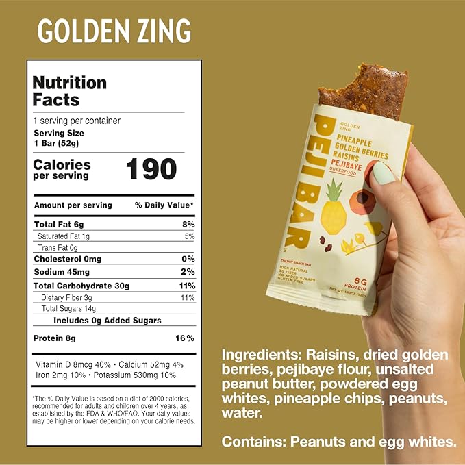 PEJI BAR Superfood Energy Bars | Golden Zing Pineapple Golden Berry Flavor | Gluten Free, 8g Protein, Fiber, Whole Ingredients, No Sugar Added | Adventure Ready Snack, 12 Count