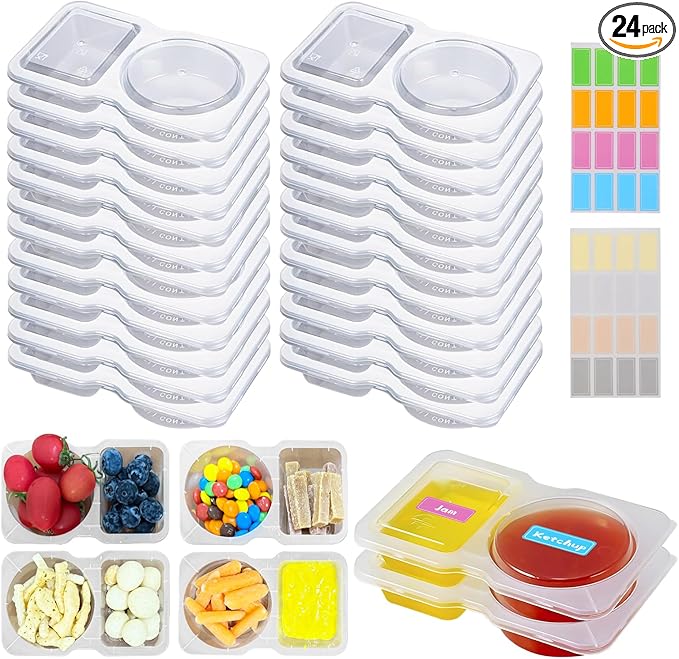 CJT 24SETS Double Compartment Condiment Containers with Lids - Reusable Plastic Snack Container for Take-out Sauces,to-go Sauce, Sampling, Travel Snack