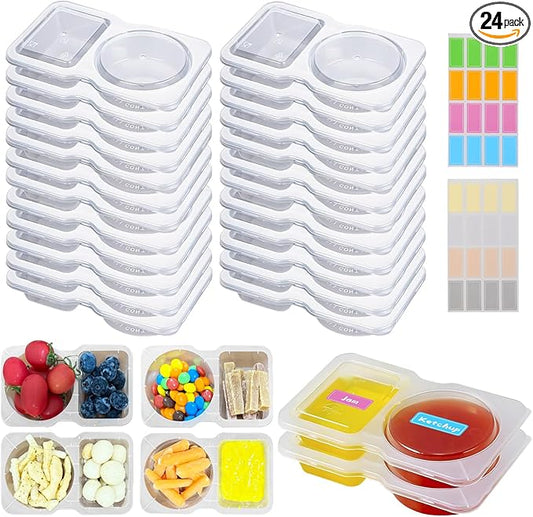 CJT 24SETS Double Compartment Condiment Containers with Lids - Reusable Plastic Snack Container for Take-out Sauces,to-go Sauce, Sampling, Travel Snack