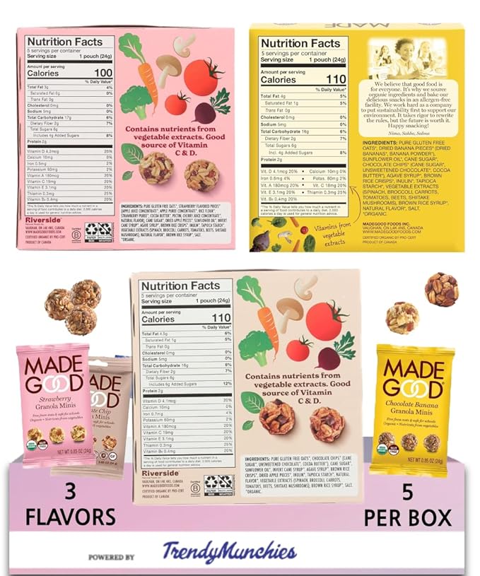 Made Good Organic Healthy Granola Minis (15 Portion Variety Pack), Tree Nut and Peanut Free, Gluten Free, Vegan, Kosher, Chocolate Banana, Strawberry, Chocolate Chip - Packaged with TrendyMunchies Box (3 Flavors Included) (15 Pack Variety Pack, 15 Pack...