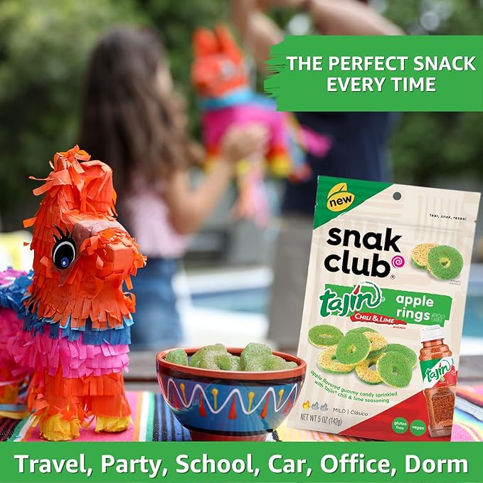Snak Club Tajin Apple Rings, Sweet & Tasty Gummy Snacks, 11oz Family Size, Resealable Bag, 6 Count