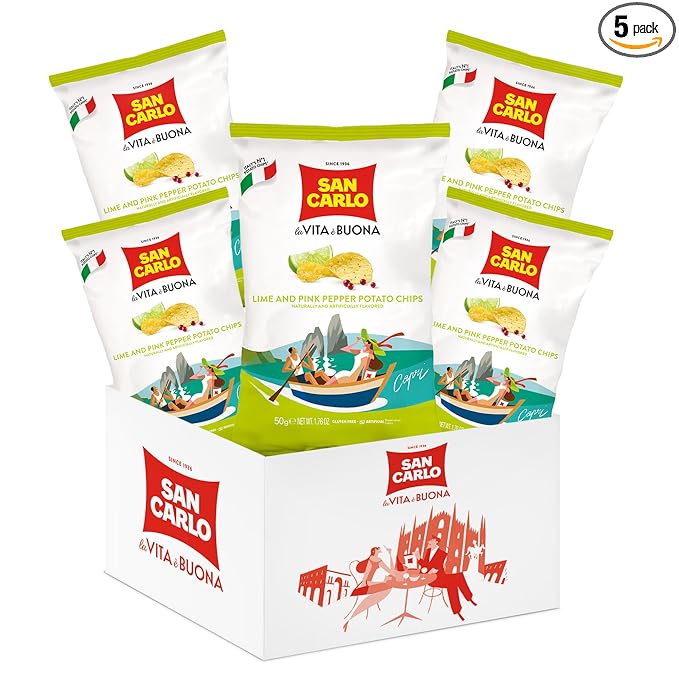 San Carlo Multi Pack 5X Lime&Pink Pepper n°1 Italian Potato Chips - 150gr - for Snacking Bliss
