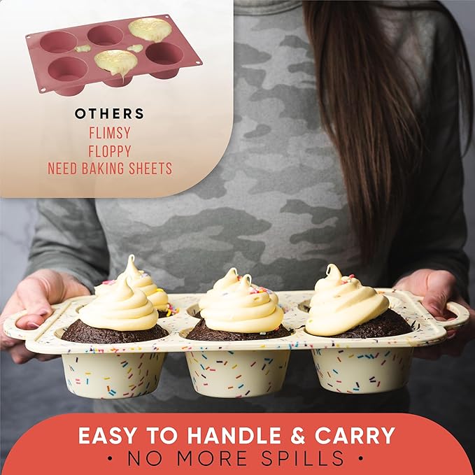 BAKE BOSS 2-Pack Confetti Jumbo Silicone Muffin Pans for Baking – 6-Cup Nonstick Silicone Cupcake Pan – Heavy-Duty Large Cupcake Pan, BPA-Free, Easy-Release, Oven & Dishwasher Safe