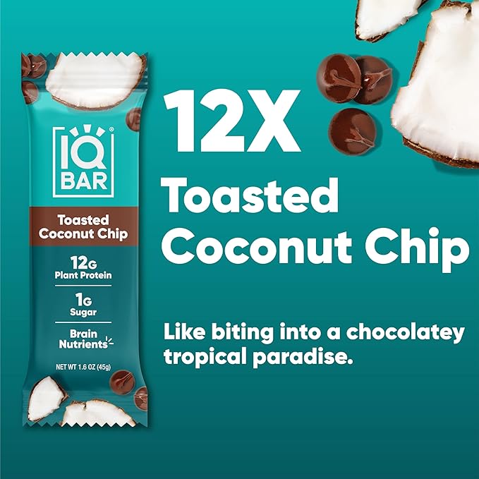 IQBAR Brain and Body Plant Protein Bars - Toasted Coconut Chip - 12-Count Low Carb - Gluten Free, High Fiber, Vegan Snacks - Low Sugar Meal Replacement