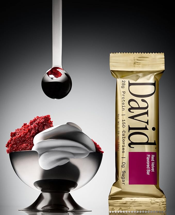 David High Protein Bars No Sugar - Sugar Free Protein Bars, Low Carb, Gluten Free - 28g of Protein, 150 Calories - David Bar On-The-Go Snack - Red Velvet, Pack of 12