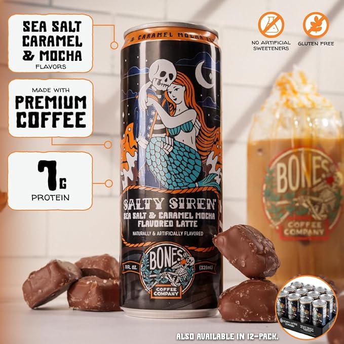 Bones Coffee Company Salty Siren Latte Flavored Coffee, Medium Roast Ready To Drink Iced Coffee in Can, 11 Fl Oz Can (12 Pack)