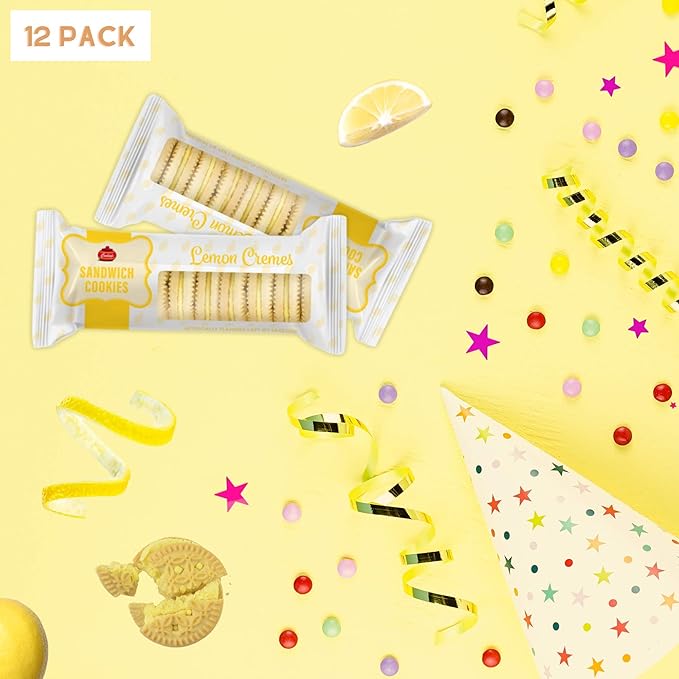 Carley's Sandwich Cookies, Lemon Creme, Perfect Lunch Box or On-the-Go Snacks, Dessert Sweets, Snack Food Gifts, Kosher Certified, Sweet Treats, Nut-Free, 3.5 Oz Snack Packs, Pack of 12