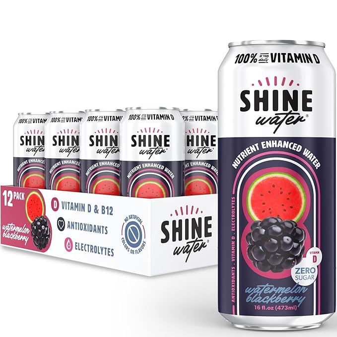 Shine Water Watermelon Blackberry Vitamin D Electrolyte Drinks 12-Pack, Sugar Free Flavored Water with Magnesium, Zinc & Antioxidants, Low Calorie Hydration Beverage, Plant-Based Vitamin Water Zero Sugar