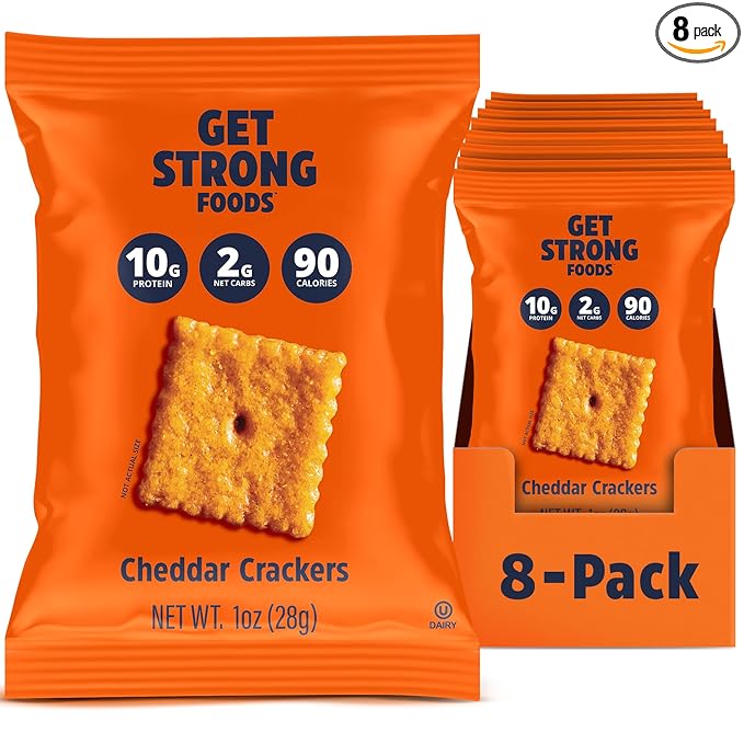 Get Strong Foods Cheddar Cheese Crackers - High Protein Crackers - Keto Friendly, Low Carb, High Fiber Cheese Crisp - Low Calorie, Healthy Snack for Adults and GLP-1, Pack of 8