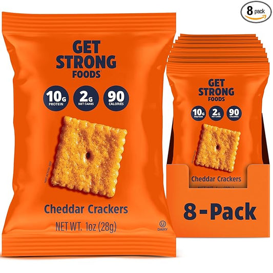 Get Strong Foods Cheddar Cheese Crackers - High Protein Crackers - Keto Friendly, Low Carb, High Fiber Cheese Crisp - Low Calorie, Healthy Snack for Adults and GLP-1, Pack of 8