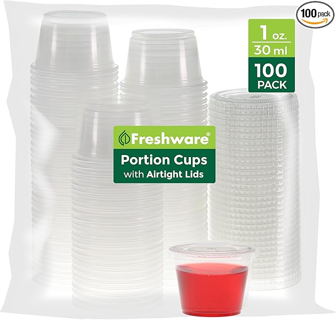 Freshware Plastic Portion Cups with Lids [1 Ounce, 100 Sets] Disposable Plastic Cups for Meal Prep, Salad Dressing, Jellos Shot Cups, Souffle Cups, Condiment and Dipping Sauce Cups