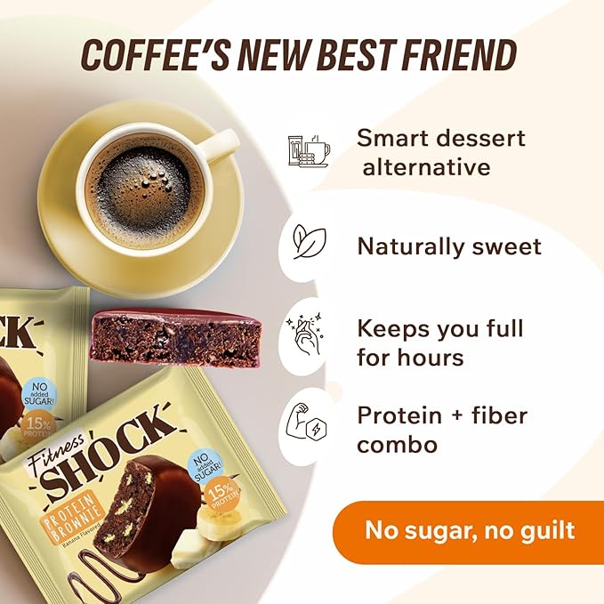 FitnesSHOCK Chocolate Brownie No Added Sugar, 15% Protein, satiating dietary fibre, Soft Texture, 10 Pieces, 50g - Banana Flavour