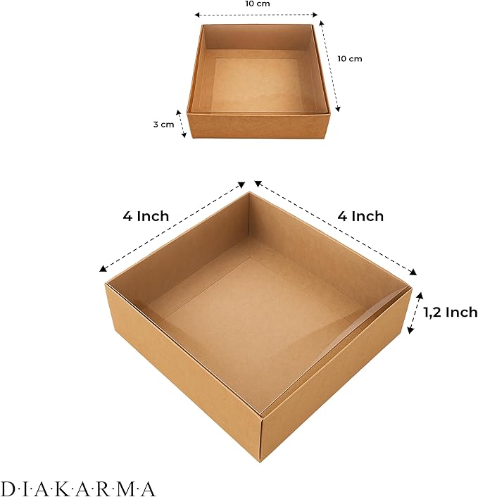 Diakarma Gift Boxes with Clear Cover, Bakery Treat Boxes for Small Cakes, Cookies, Desserts, Donuts, Pastries, Gifts, and Party Favors – Durable & Elegant (10 Pieces Brown Kraft, 4"x4"x1.2")