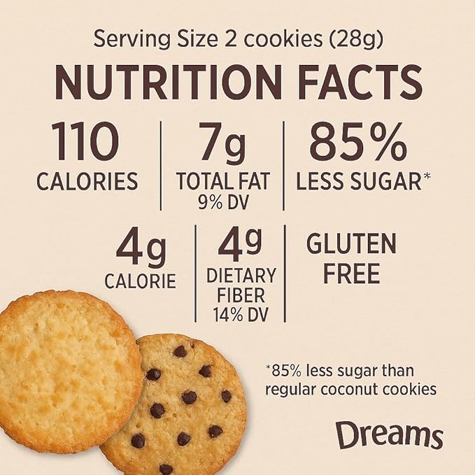 Dreams Coconut Cookies – 2 Boxes (8 Cookies Total) | Chocolate Chip & Plain Coconut Flavors | Gluten-Free, High Fiber, Non-GMO | Guilt-Free Wholesome Snack | Artisanal Recipe | 11.8oz