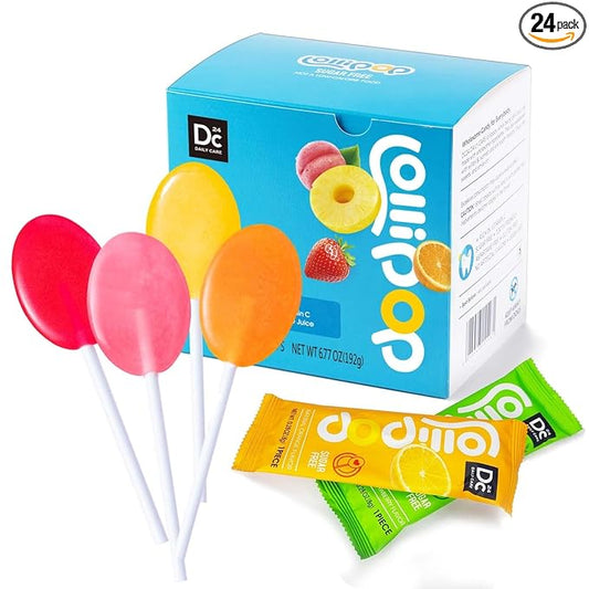 DC24 DAILY CARE Sugar Free Lollipops with Vitamin C, Healthy Suckers with Xylitol, Assorted Fruit Flavored Hard Candy for Kids, Non-GMO, Gluten Free, 24 Count