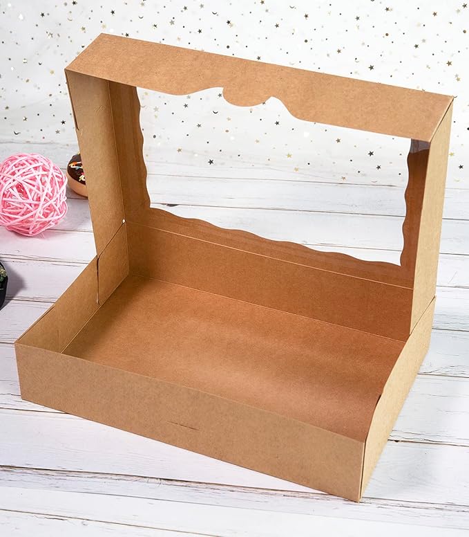 SOROO 15-PACK Pastry Bakery Box 16x11x2.75inch,Brown Large Donuts,Muffins,Cookies Boxes with PVC Window Auto-Pop up Paper Box Nature Cardboard Take Out Container,Hold 12 Donuts,Pack of 15