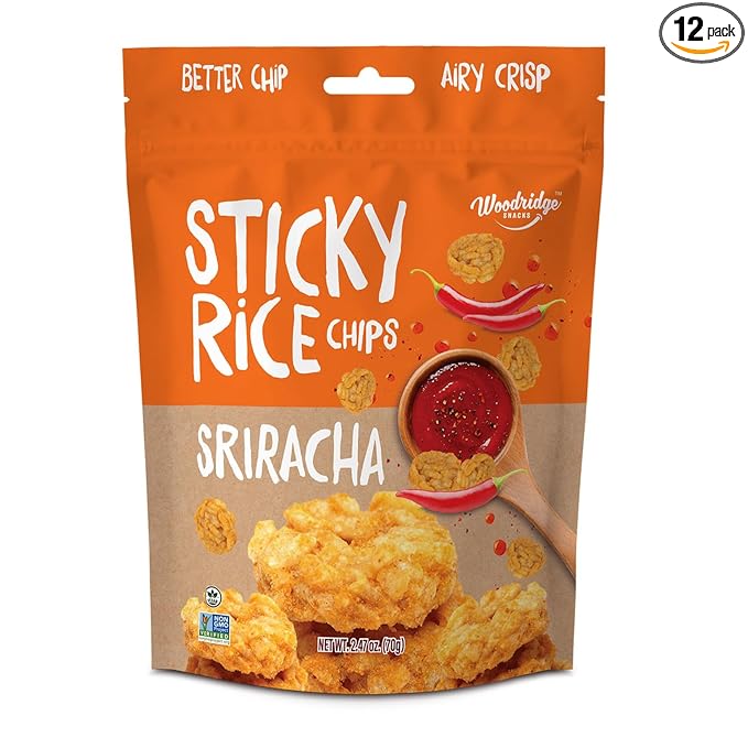 Woodridge Snacks | Sticky Rice Chips | Sriracha Flavor | 12 Pack | 2.47 OZ (70g) Bags