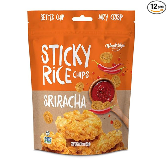 Woodridge Snacks | Sticky Rice Chips | Sriracha Flavor | 12 Pack | 2.47 OZ (70g) Bags