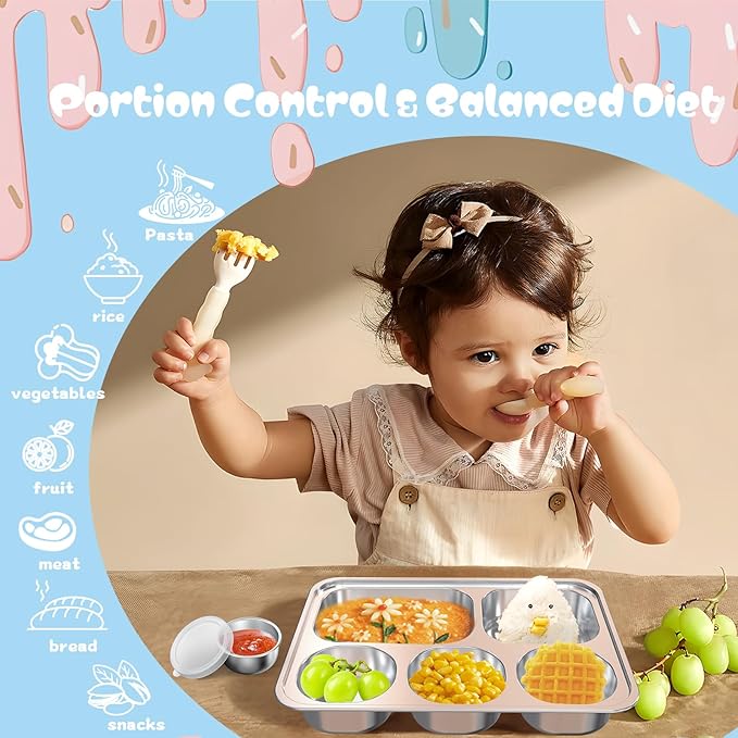 Stainless Steel Divided Plate for Kids Toddler, Non Toxic Portion Control Plate Dinner Plate with Lid for Adults Weight Loss, 4 Pack 5 Sections Rectangular Snack Plate Tray