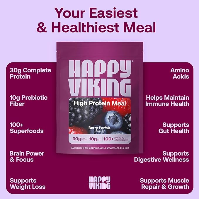 Happy Viking Berry Parfait Protein + Superfoods Powder, Created by Venus Williams, 30G Protein, Low Carb, Keto, Vegan, Gluten-Free, Non-GMO, Complete Meal Replacement, 1 Bag